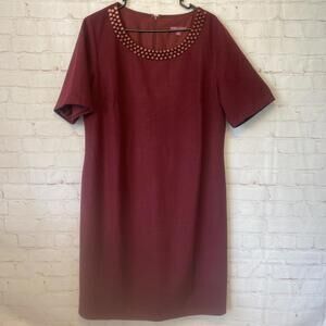 Jessica London Wool Blend Dress Red Maroon Solid Short Sleeve Sheath Midi Sz 18